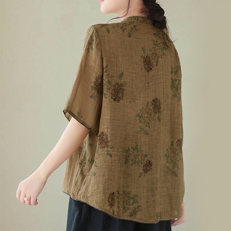 Purple Flower Print Frog-Button Design Shirt
