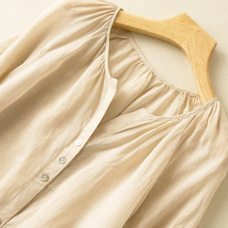 Vintage Button Three Quarter Puff Sleeve V-Neck Cotton Women's Shirt