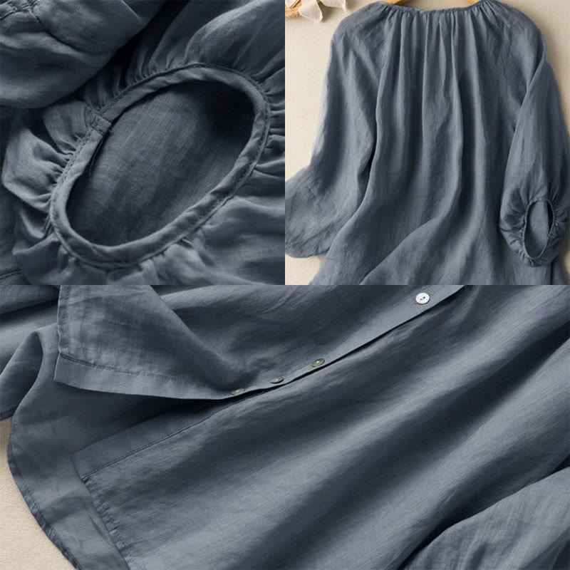 Vintage Button Three Quarter Puff Sleeve V-Neck Cotton Women's Shirt