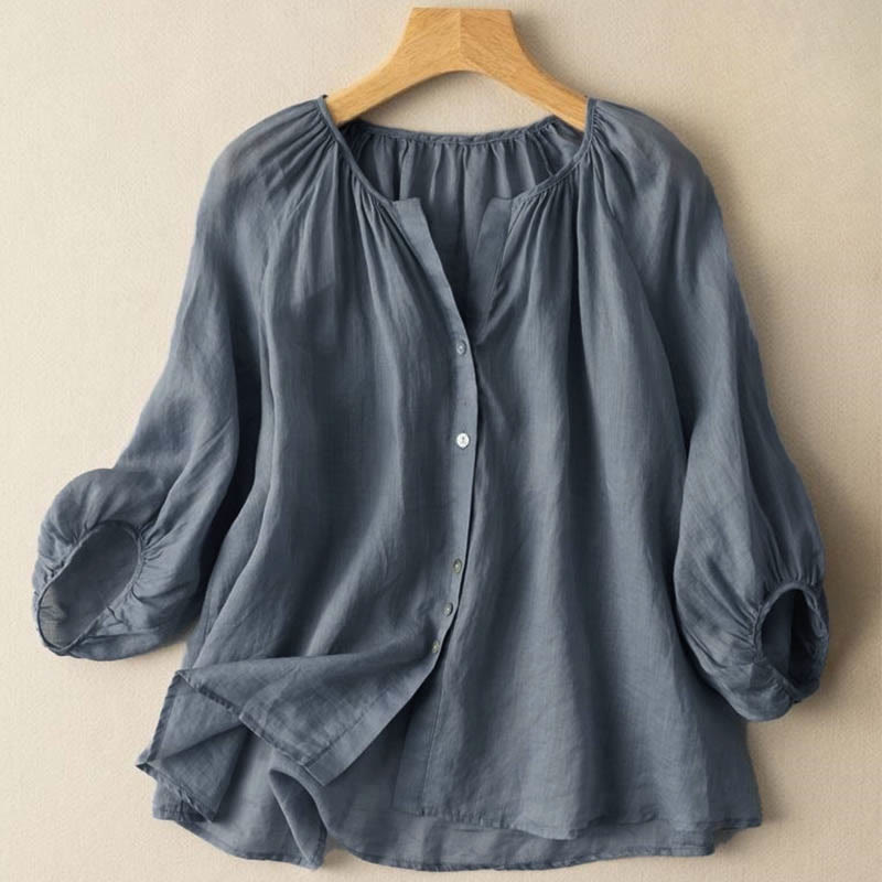 Vintage Button Three Quarter Puff Sleeve V-Neck Cotton Women's Shirt