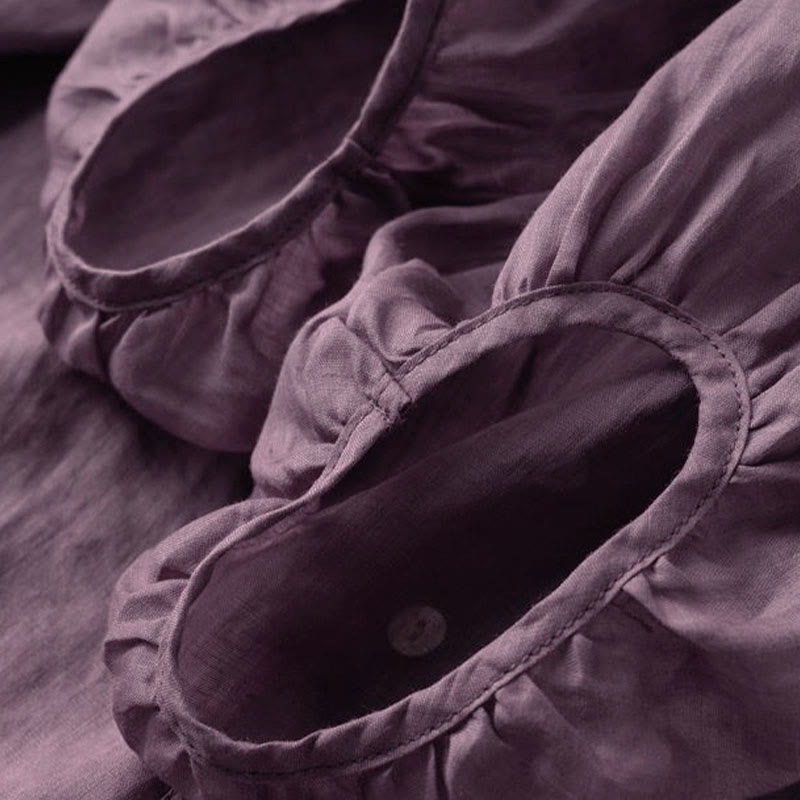 Vintage Button Three Quarter Puff Sleeve V-Neck Cotton Women's Shirt