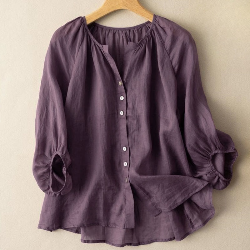 Vintage Button Three Quarter Puff Sleeve V-Neck Cotton Women's Shirt