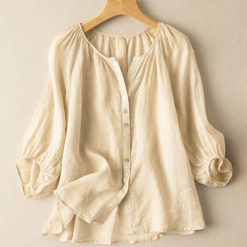 Vintage Button Three Quarter Puff Sleeve V-Neck Cotton Women's Shirt