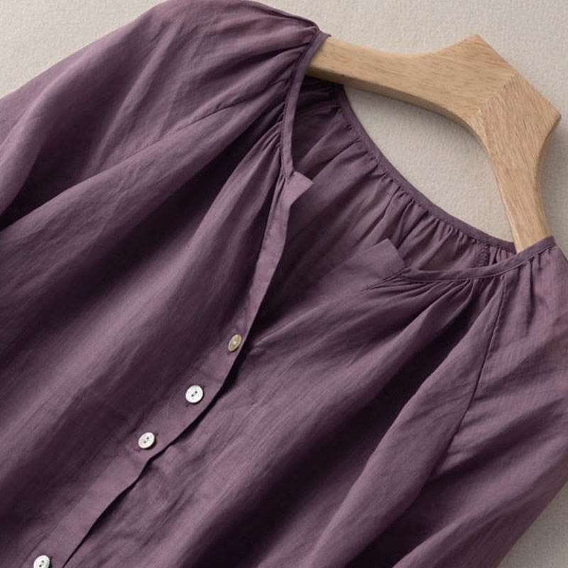 Vintage Button Three Quarter Puff Sleeve V-Neck Cotton Women's Shirt