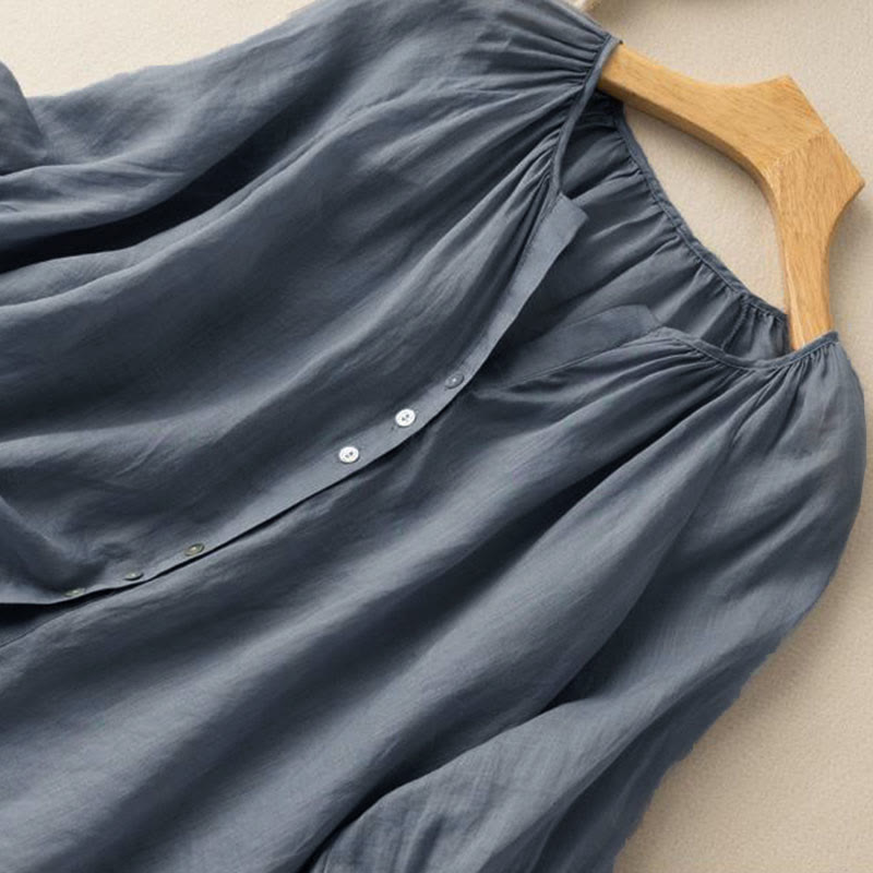 Vintage Button Three Quarter Puff Sleeve V-Neck Cotton Women's Shirt