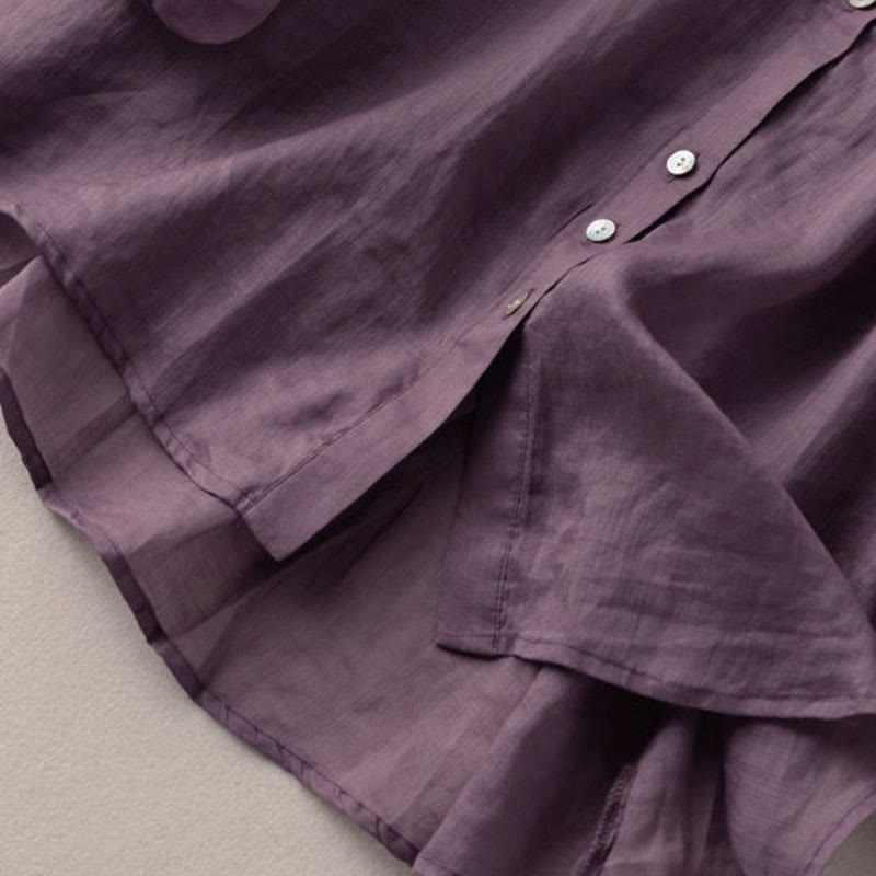 Vintage Button Three Quarter Puff Sleeve V-Neck Cotton Women's Shirt