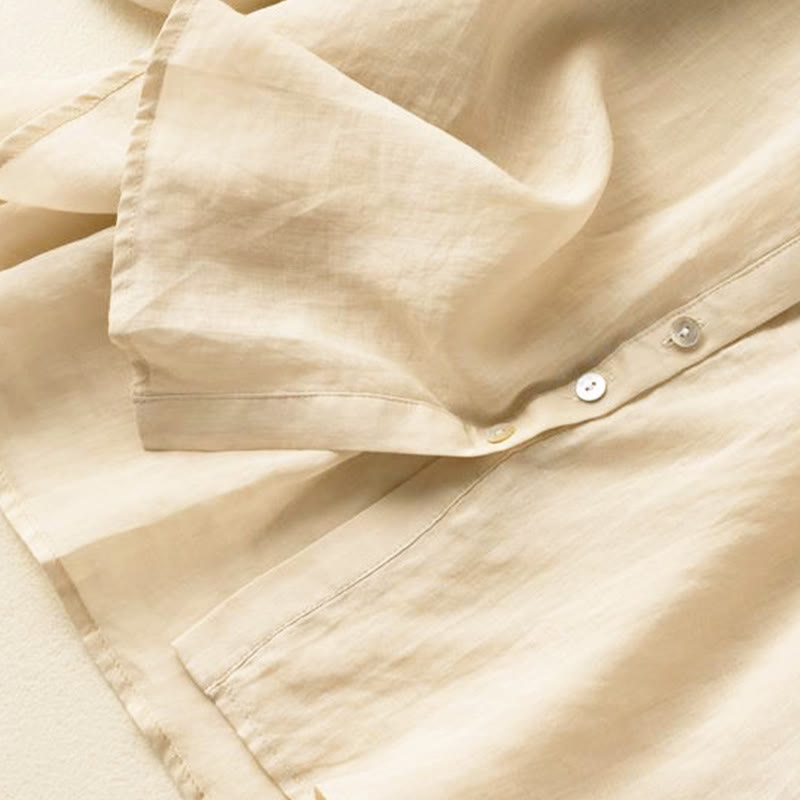 Vintage Button Three Quarter Puff Sleeve V-Neck Cotton Women's Shirt