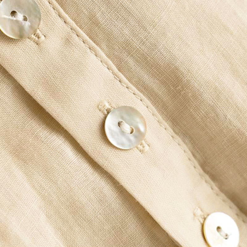 Vintage Button Three Quarter Puff Sleeve V-Neck Cotton Women's Shirt