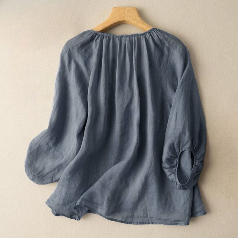 Vintage Button Three Quarter Puff Sleeve V-Neck Cotton Women's Shirt