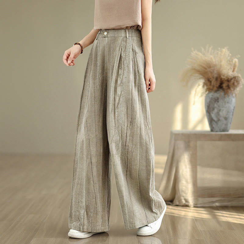 Casual Tan Women's Cotton Elastic Waist Wide Leg Pants With Pockets
