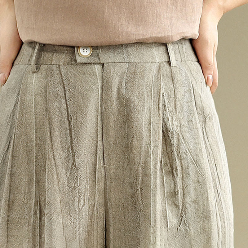 Casual Tan Women's Cotton Elastic Waist Wide Leg Pants With Pockets