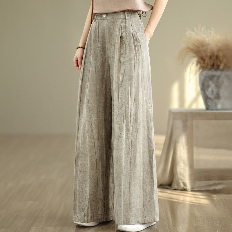 Casual Tan Women's Cotton Elastic Waist Wide Leg Pants With Pockets