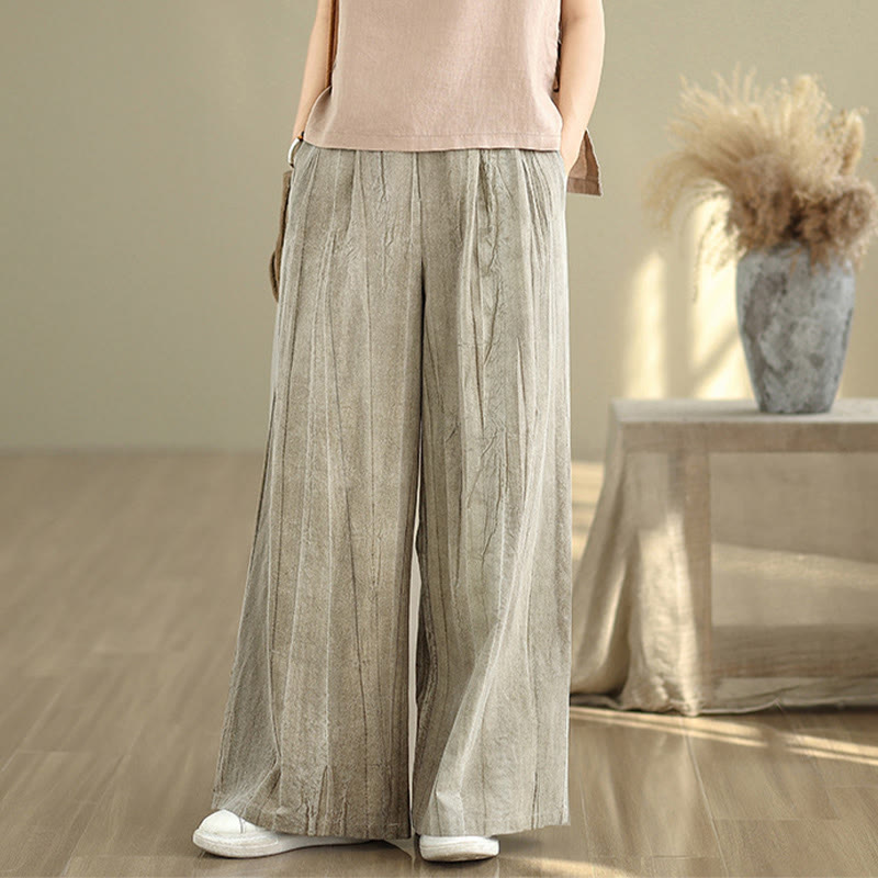 Casual Tan Women's Cotton Elastic Waist Wide Leg Pants With Pockets