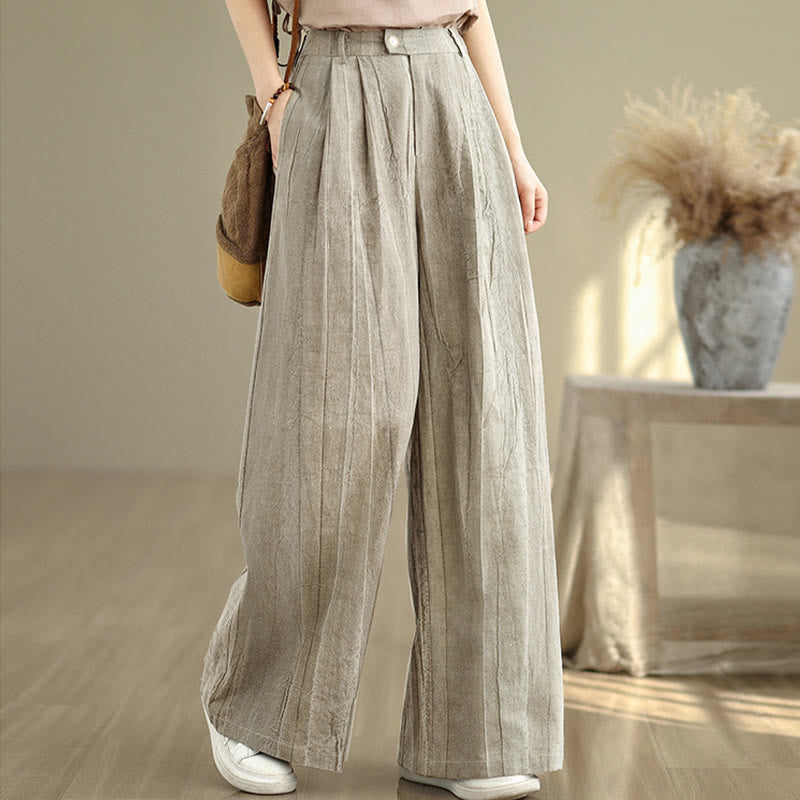 Casual Tan Women's Cotton Elastic Waist Wide Leg Pants With Pockets