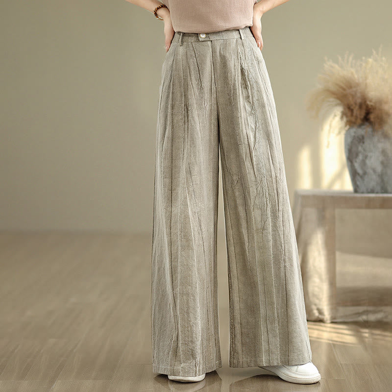 Casual Tan Women's Cotton Elastic Waist Wide Leg Pants With Pockets
