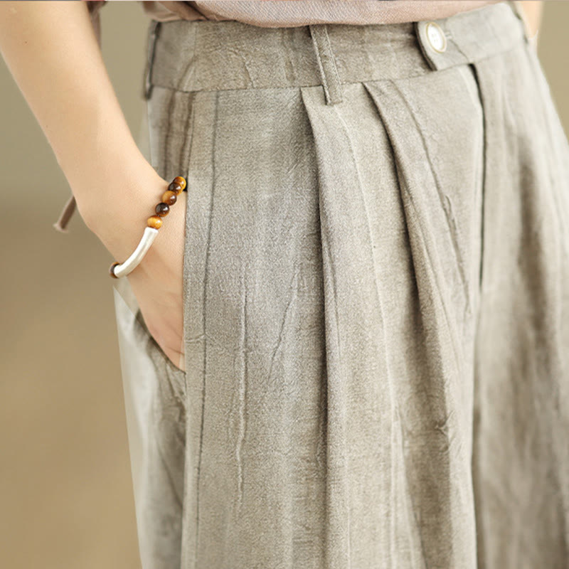 Casual Tan Women's Cotton Elastic Waist Wide Leg Pants With Pockets