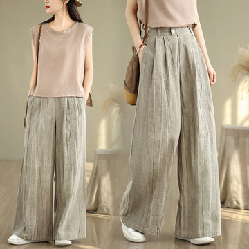 Casual Tan Women's Cotton Elastic Waist Wide Leg Pants With Pockets