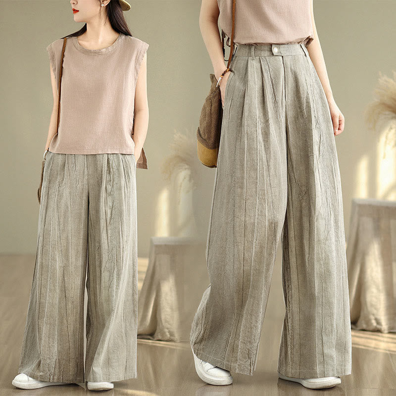 Casual Tan Women's Cotton Elastic Waist Wide Leg Pants With Pockets