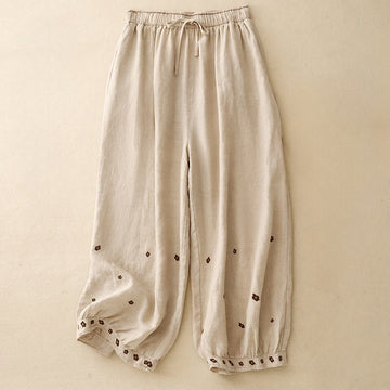 Cotton Linen Embroidered Cropped Meditation Harem Pants