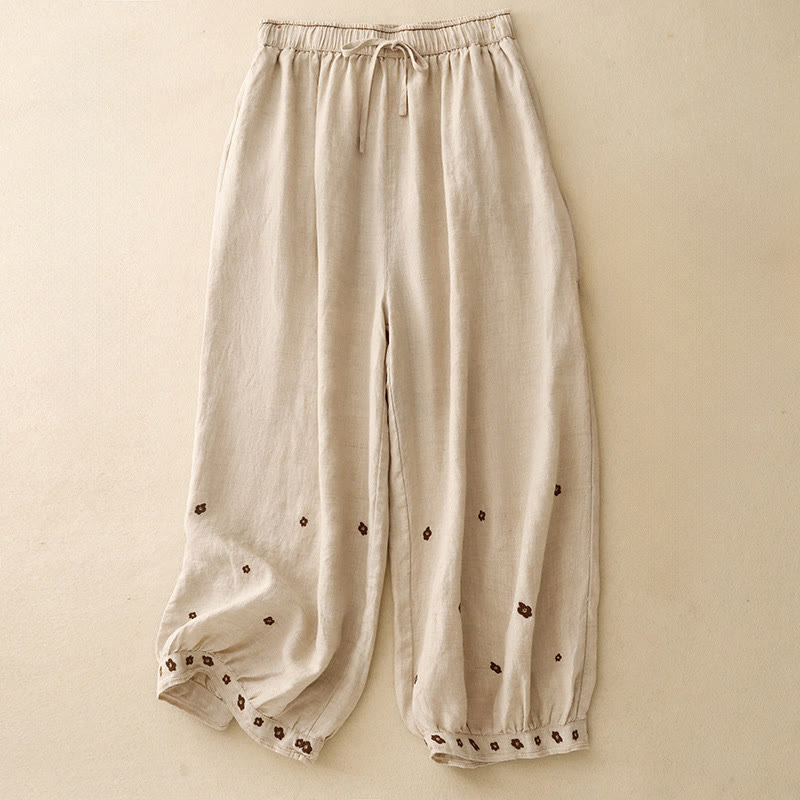 Cotton Linen Embroidered Cropped Meditation Harem Pants