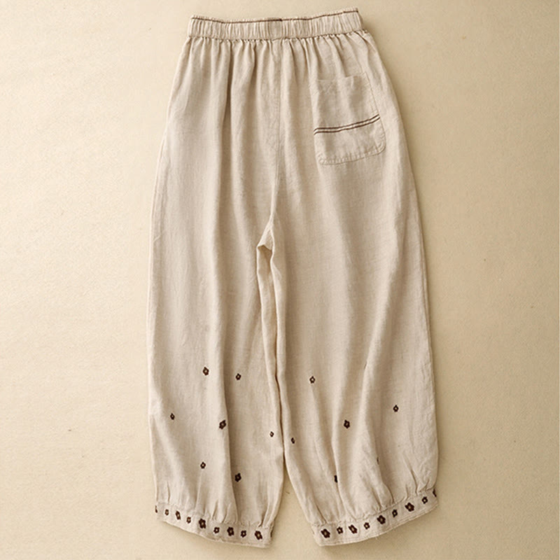 Cotton Linen Embroidered Cropped Meditation Harem Pants