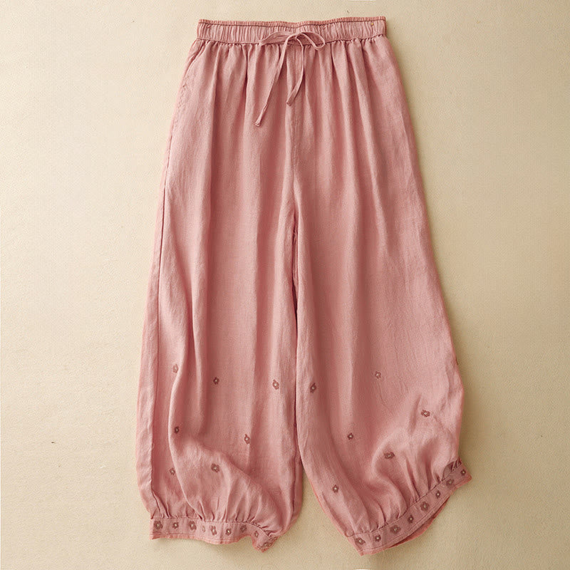 Cotton Linen Embroidered Cropped Meditation Harem Pants