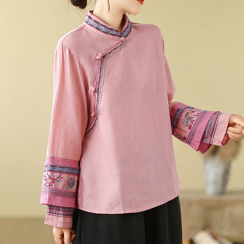 Cotton Linen Embroidered Stand Collar Meditation Shirt
