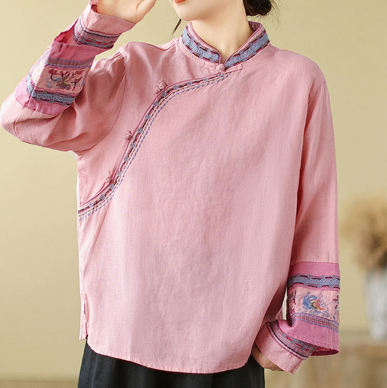 Cotton Linen Embroidered Stand Collar Meditation Shirt