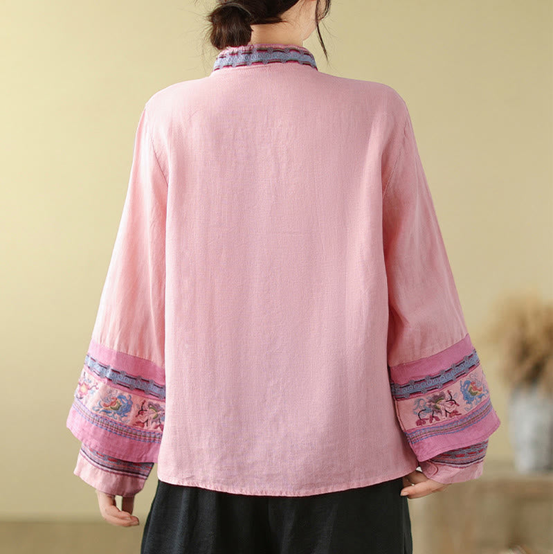 Cotton Linen Embroidered Stand Collar Meditation Shirt