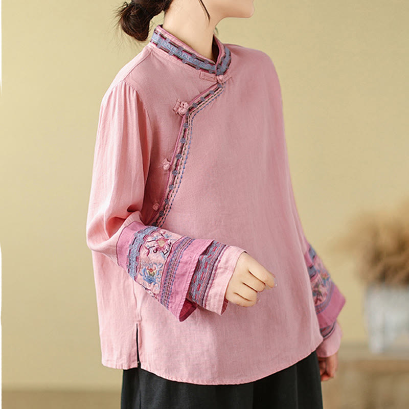 Cotton Linen Embroidered Stand Collar Meditation Shirt