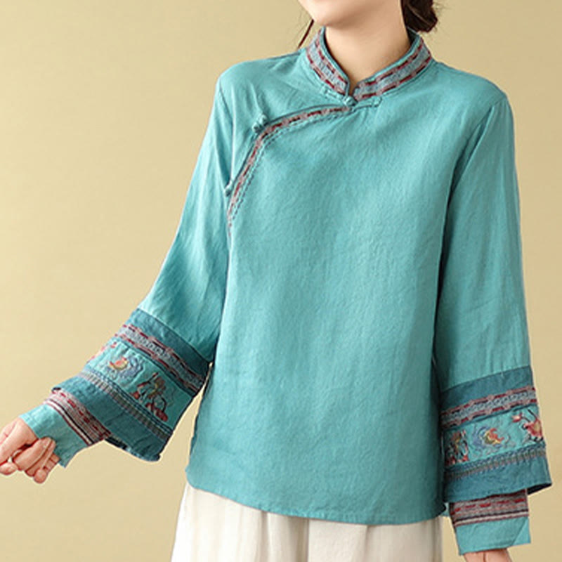 Cotton Linen Embroidered Stand Collar Meditation Shirt