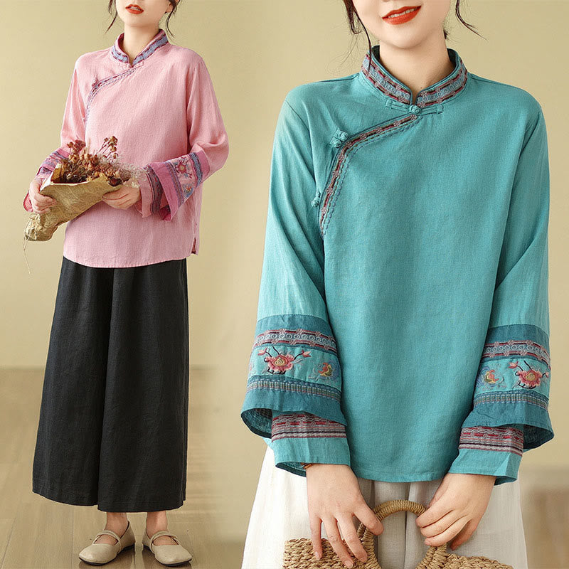 Cotton Linen Embroidered Stand Collar Meditation Shirt