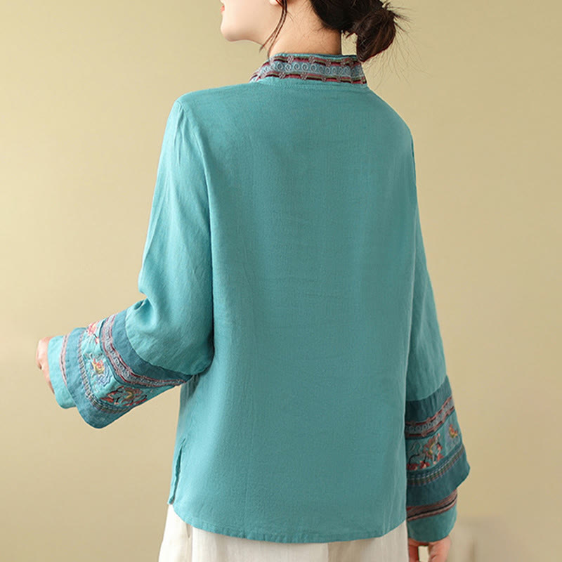 Cotton Linen Embroidered Stand Collar Meditation Shirt