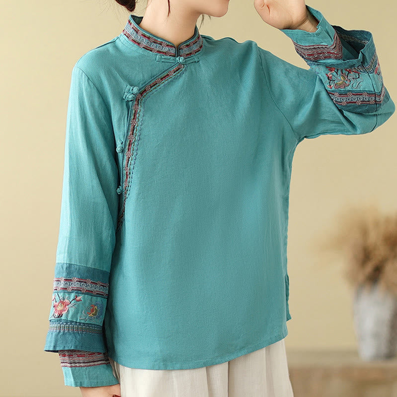 Cotton Linen Embroidered Stand Collar Meditation Shirt