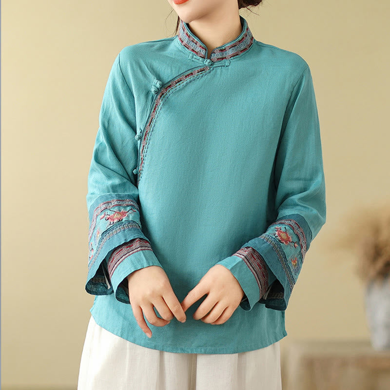 Cotton Linen Embroidered Stand Collar Meditation Shirt