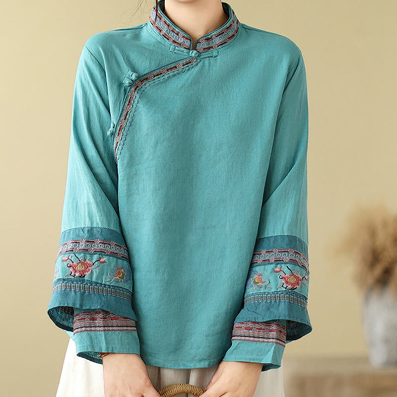 Cotton Linen Embroidered Stand Collar Meditation Shirt