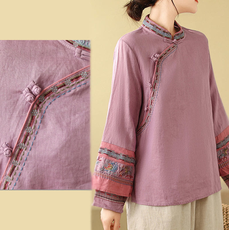 Cotton Linen Embroidered Stand Collar Meditation Shirt