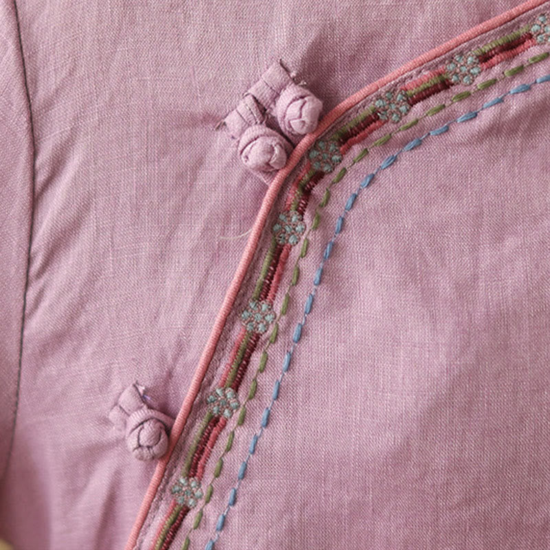 Cotton Linen Embroidered Stand Collar Meditation Shirt