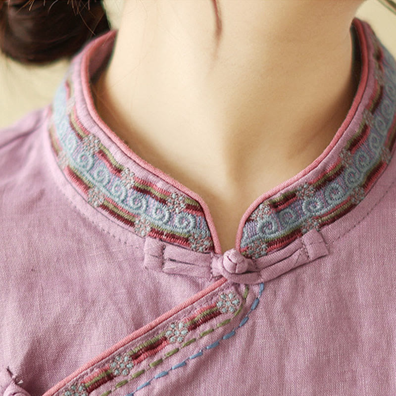 Cotton Linen Embroidered Stand Collar Meditation Shirt