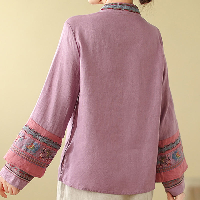 Cotton Linen Embroidered Stand Collar Meditation Shirt