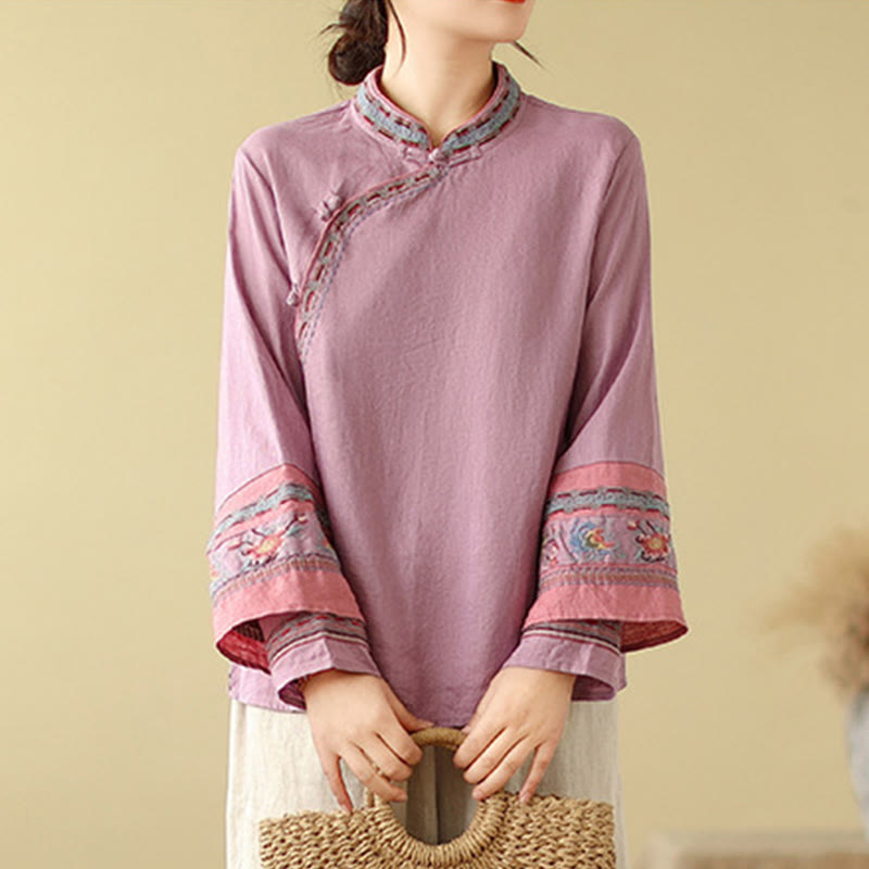 Cotton Linen Embroidered Stand Collar Meditation Shirt