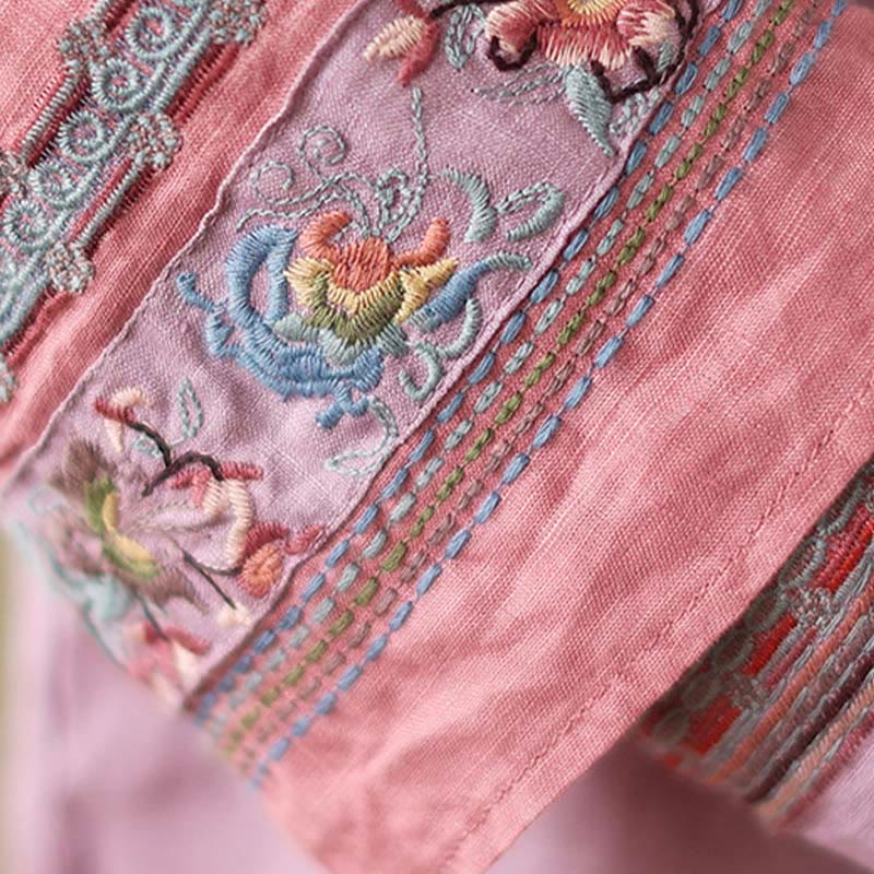 Cotton Linen Embroidered Stand Collar Meditation Shirt
