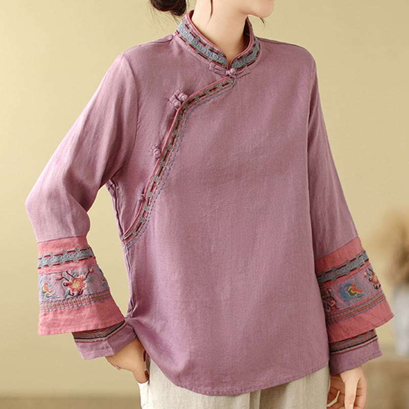 Cotton Linen Embroidered Stand Collar Meditation Shirt