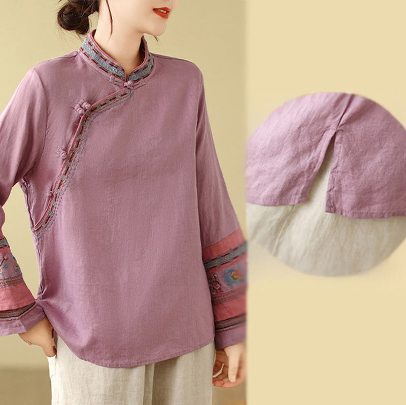 Cotton Linen Embroidered Stand Collar Meditation Shirt