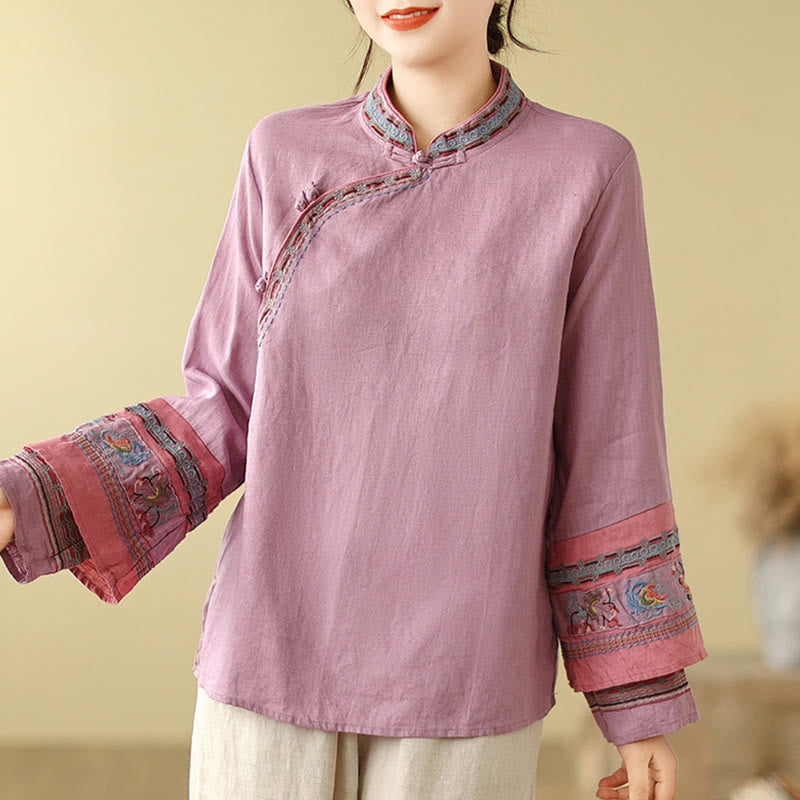 Cotton Linen Embroidered Stand Collar Meditation Shirt
