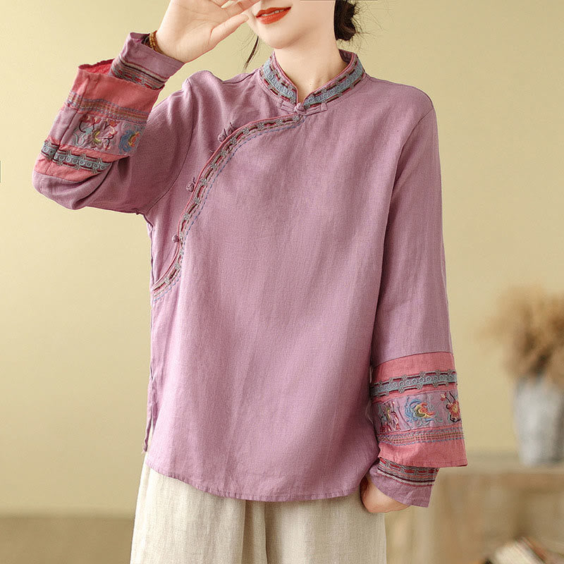 Cotton Linen Embroidered Stand Collar Meditation Shirt