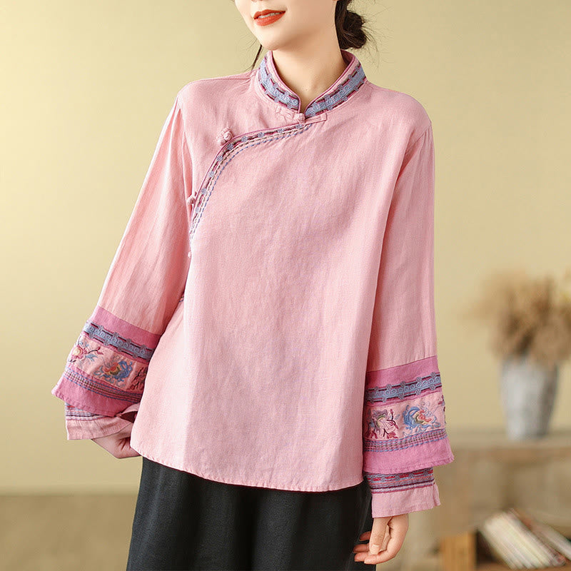 Cotton Linen Embroidered Stand Collar Meditation Shirt