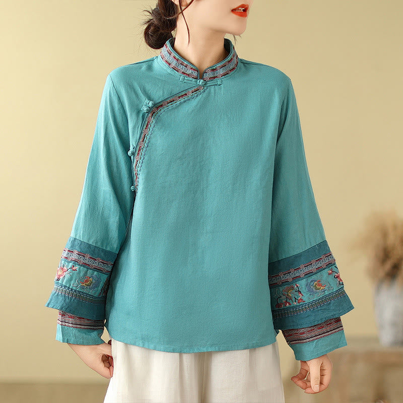 Cotton Linen Embroidered Stand Collar Meditation Shirt