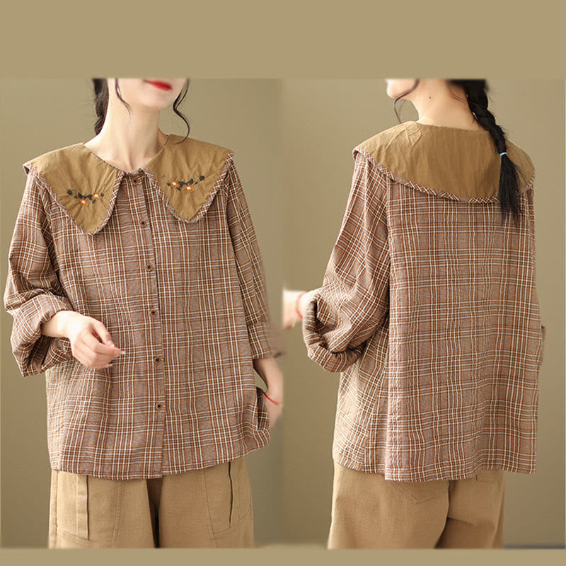 Embroidered Plaid Pattern Cotton Women's Shirt