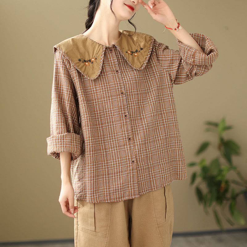 Embroidered Plaid Pattern Cotton Women's Shirt